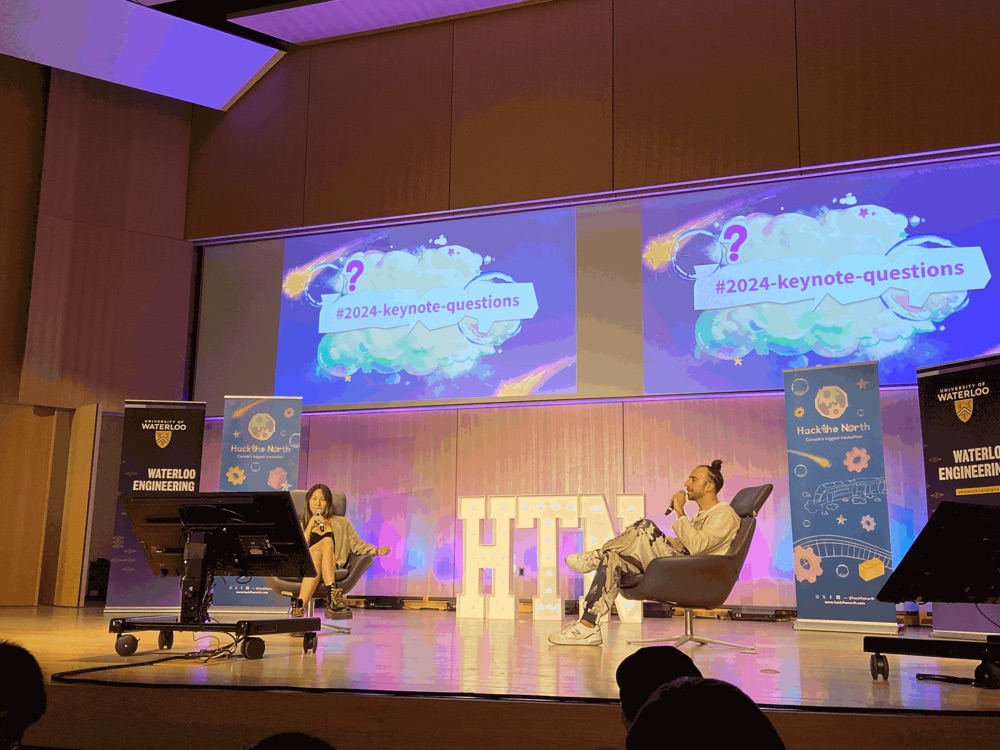 Keynote fireside chat on stage at Hack the North 2024
