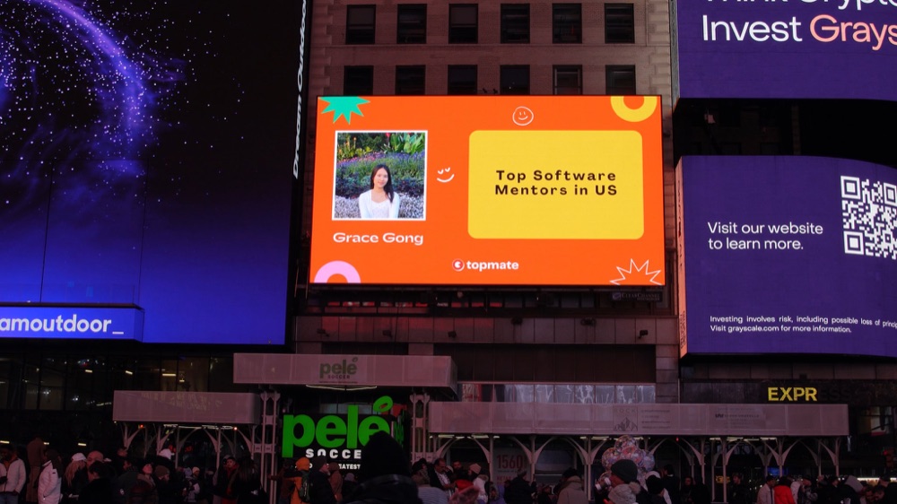 Topmate billboard in Times Square featuring me as a top software mentor