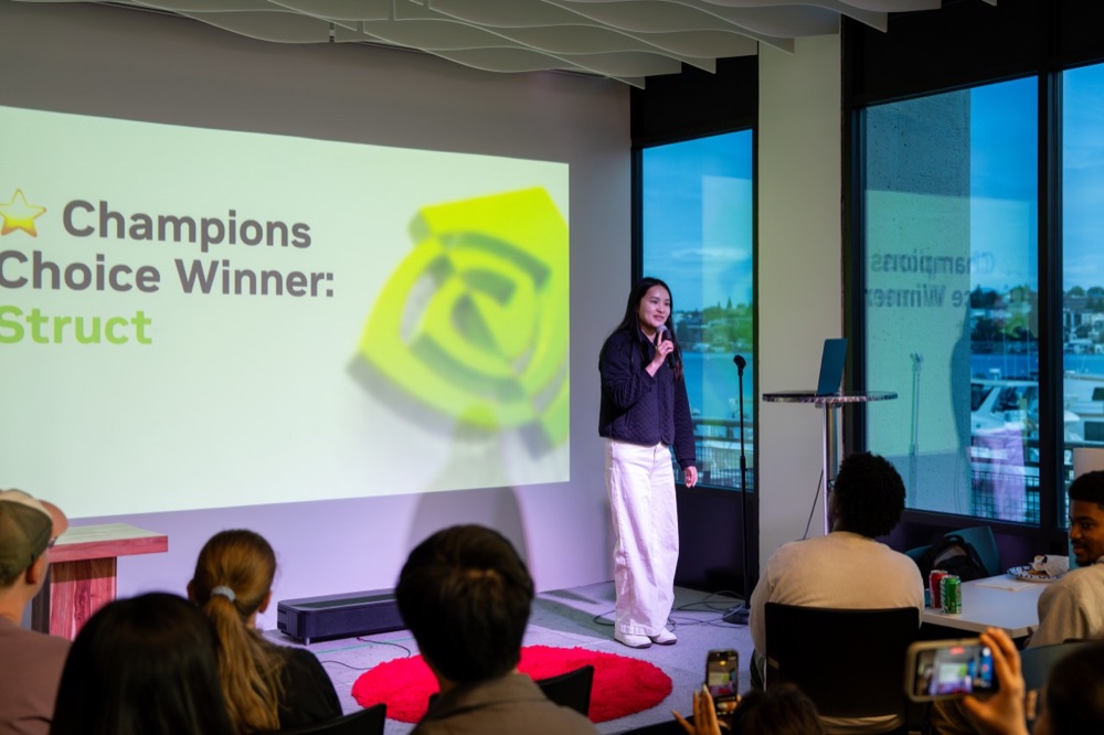 Announcing the Champions Choice winner at an NVIDIA hackathon